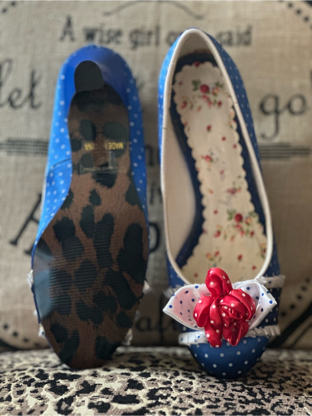 Bettie Page Blue Polka Dot short heeled with Red Bow size 6